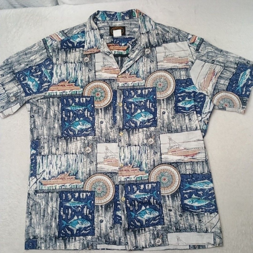 Hawaiian Reserve Shirt Men L Blue Nautical Boat Fishing Button-Up Cotton USA